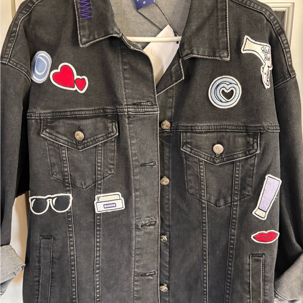 Stylish Black Denim Jacket with Fun Patches